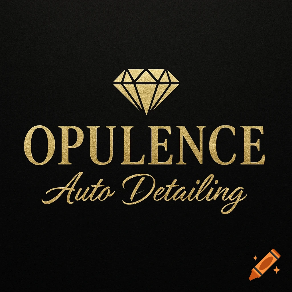 Gold diamond logo for Opulence Auto Detailing on black textured background.