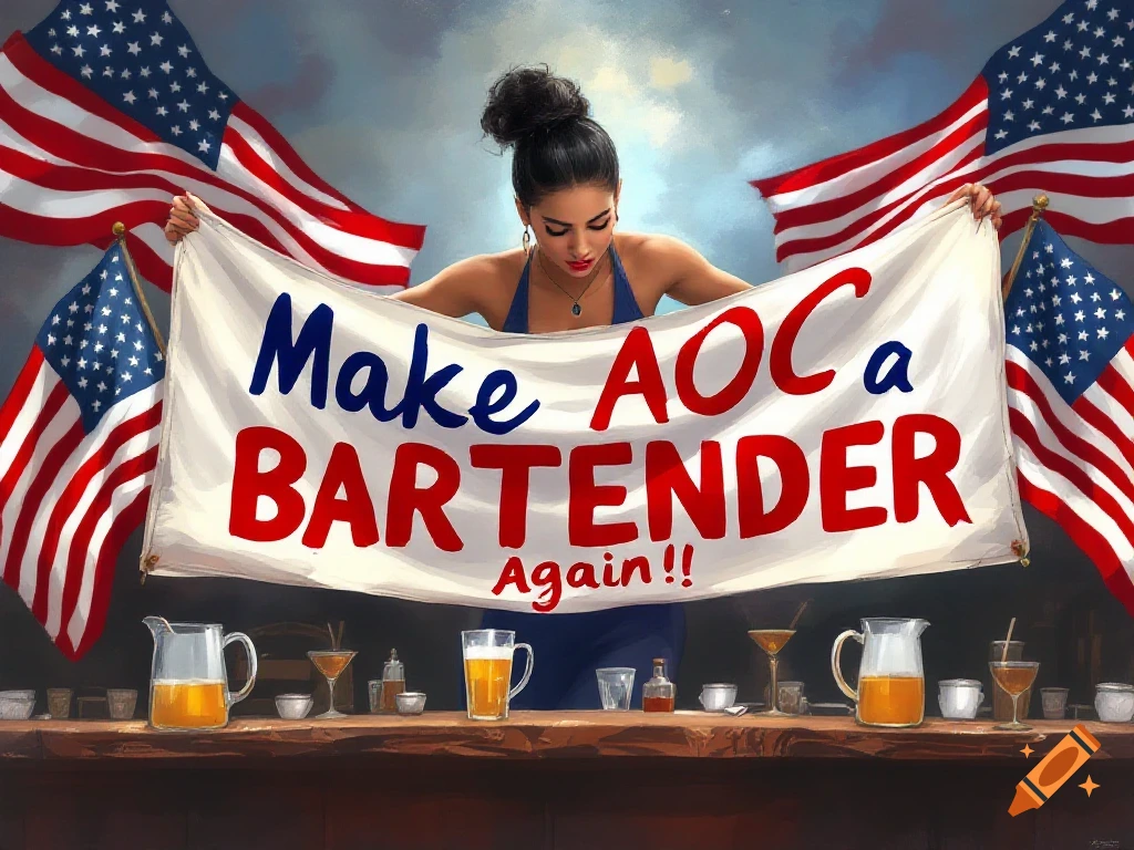 Illustration of a woman holding a banner 'Make AOC a Bartender Again!!' surrounded by American flags above a bar with drinks.