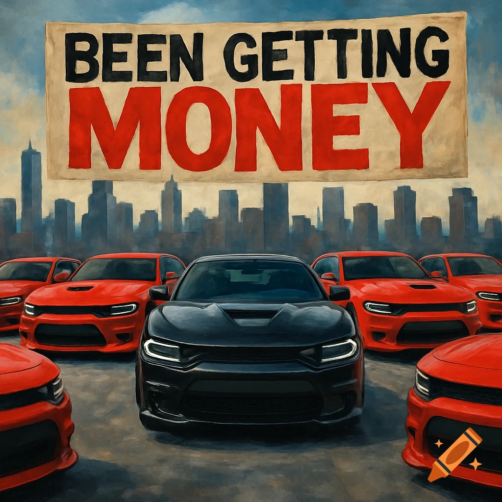 Red and black cars in front of a city skyline with a banner reading 'Been Getting Money'