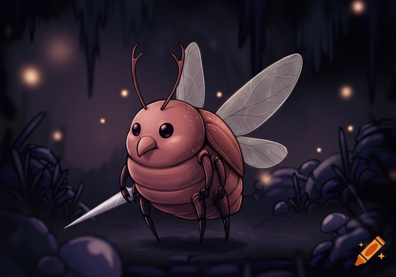 A cute round bug character in Hollow Knight style holds a sword in a dark cave.