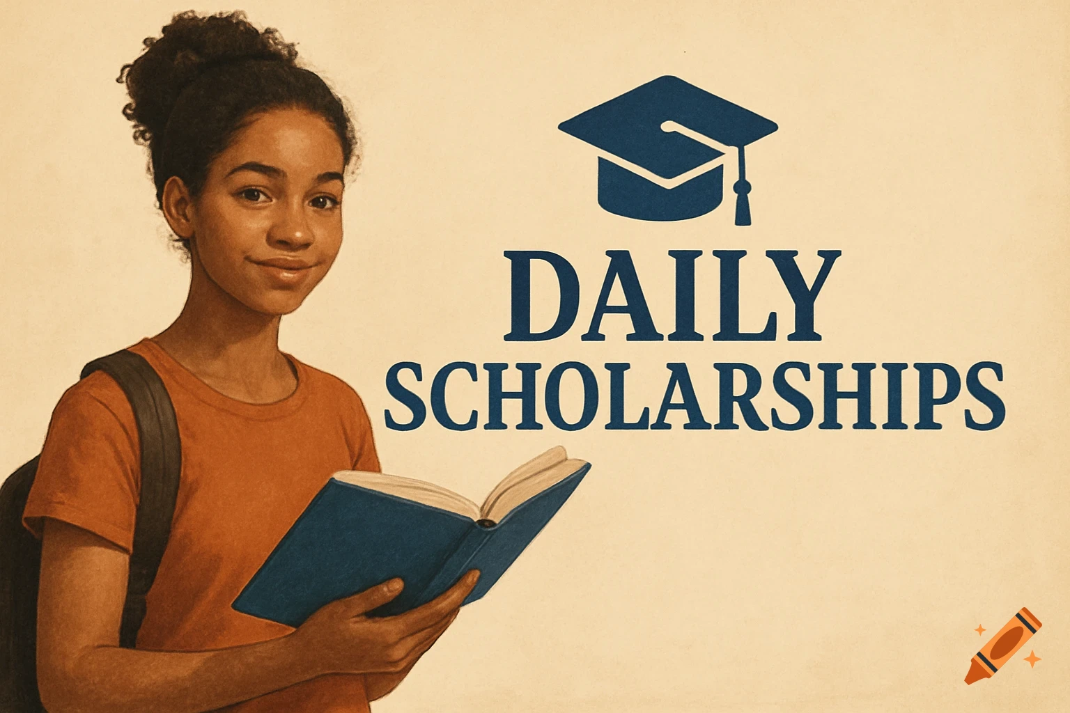 Illustration of a smiling student with backpack and book next to 'DAILY SCHOLARSHIPS' text and a graduation cap.