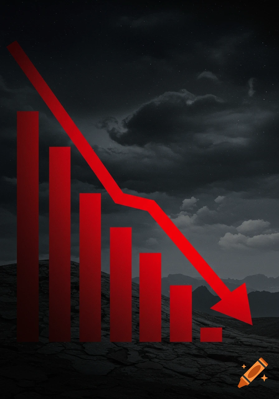 Red bar chart shows a downward trend over a dark, cloudy landscape with mountains.