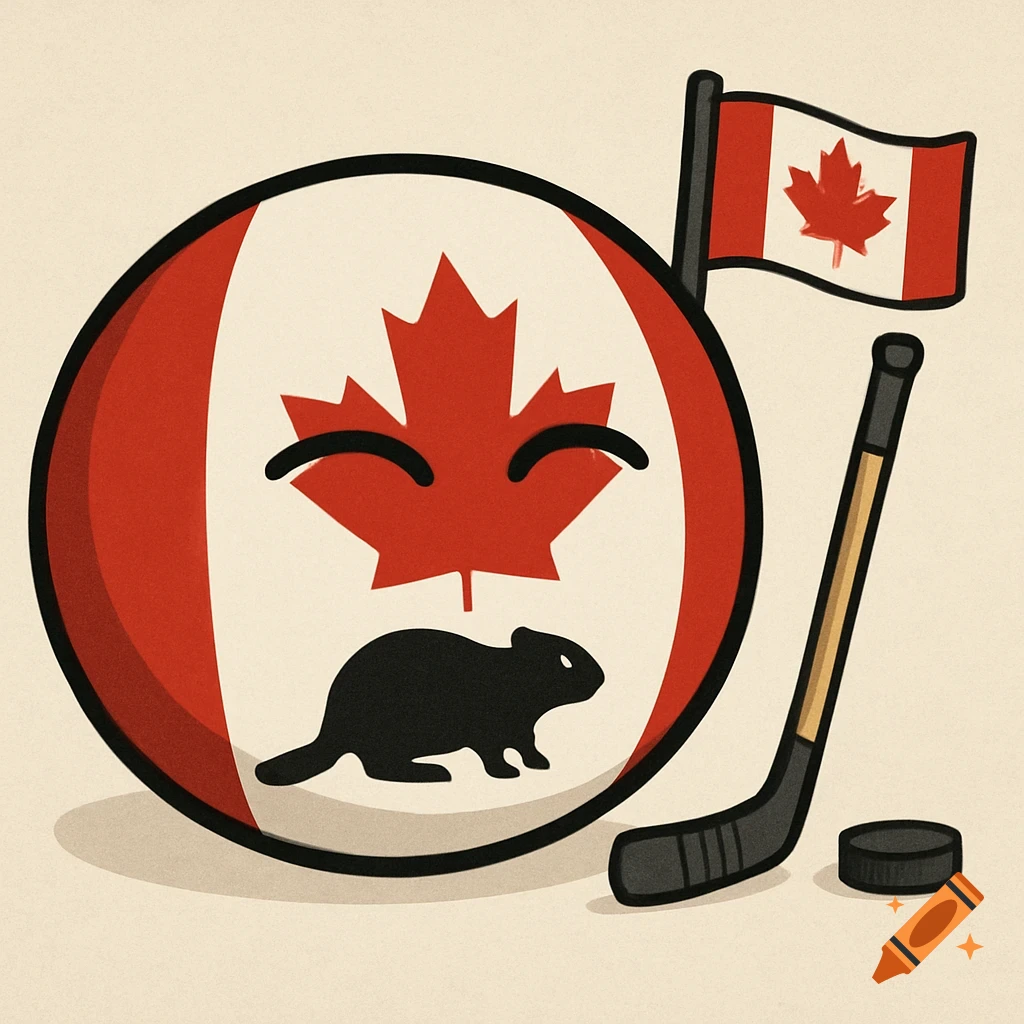 Cartoon illustration of a Canada countryball character with a beaver, flag, hockey stick, and puck.