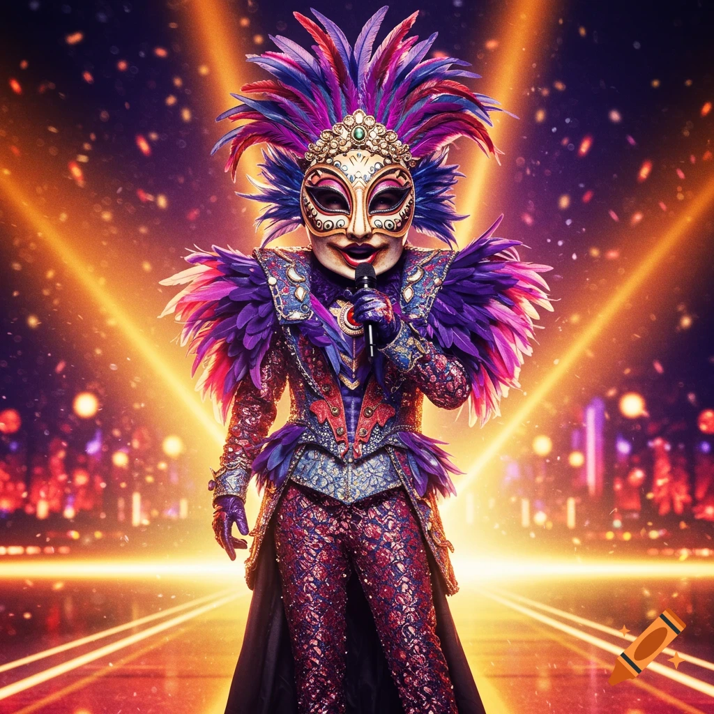 A person in an elaborate feathered and jeweled mask and costume stands on a stage holding a microphone.
