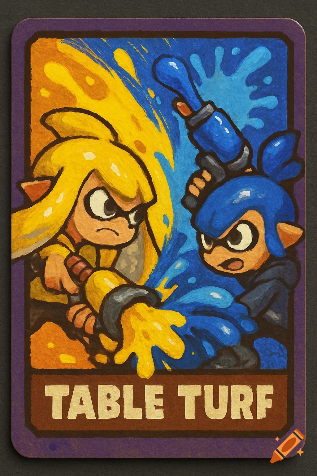 Illustration of a Splatoon card with yellow and blue Inklings fighting with ink, text reads 'TABLE TURF'.