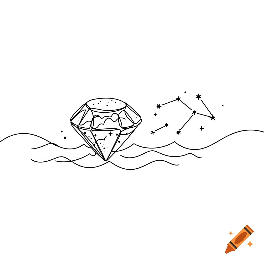 Black line drawing of a diamond in waves next to a constellation.