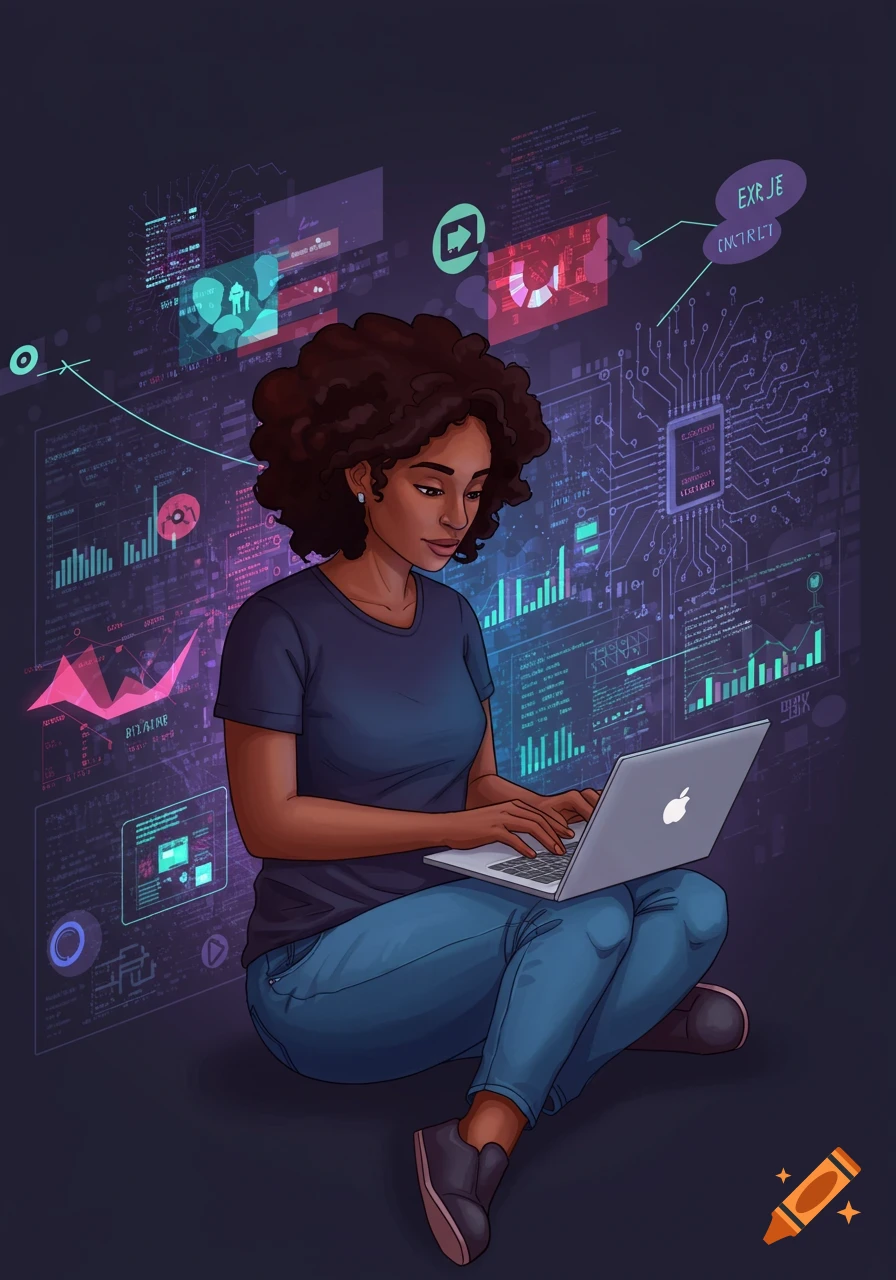 Illustration of a woman on a laptop, surrounded by digital data and tech graphics.