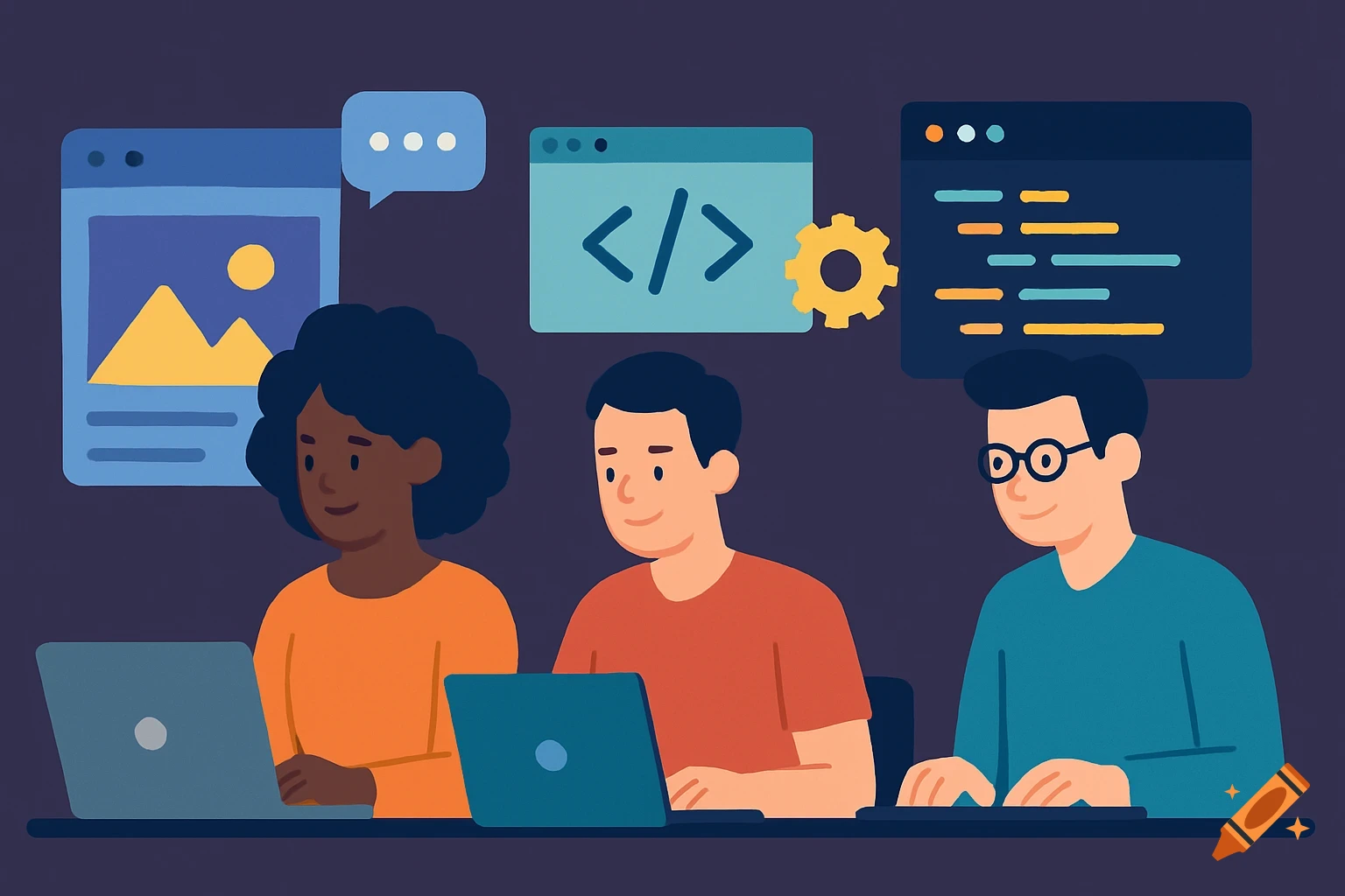 Three people working on laptops with tech graphics above them, flat cartoon style.