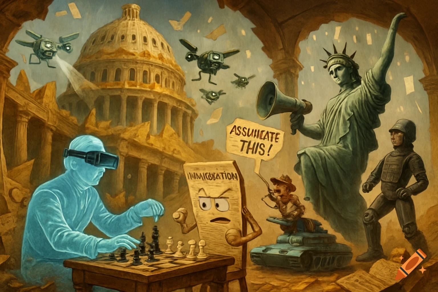 Surreal political allegory painting of figure in VR, sentient form, Statue of Liberty, cowboy, and drones.
