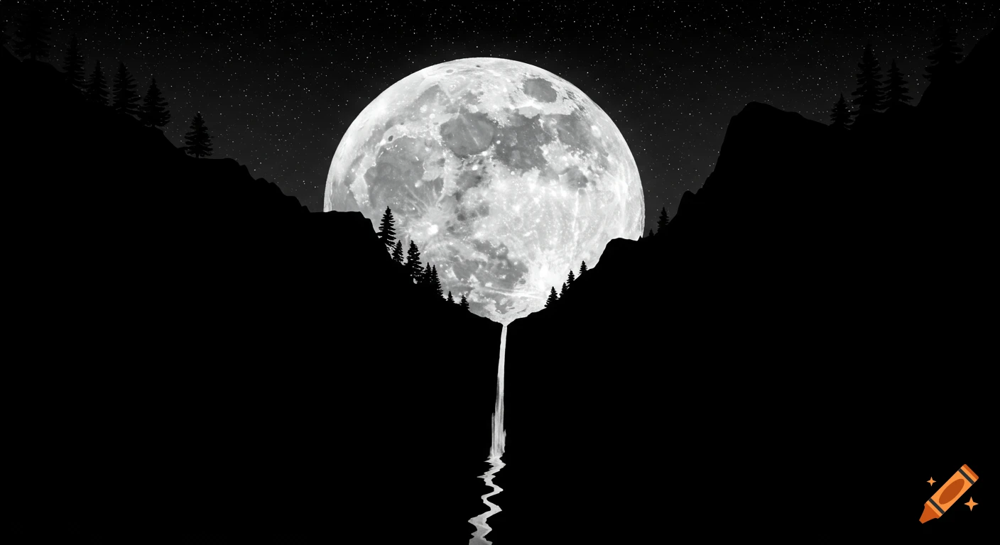 Black and white minimalist landscape with a large moon and a waterfall cascading from it.