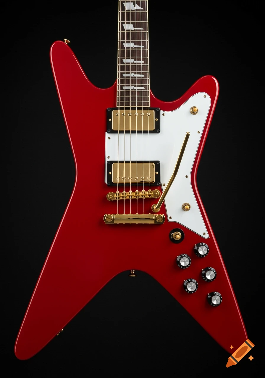 A red electric guitar with gold hardware and a white pickguard on a black background.