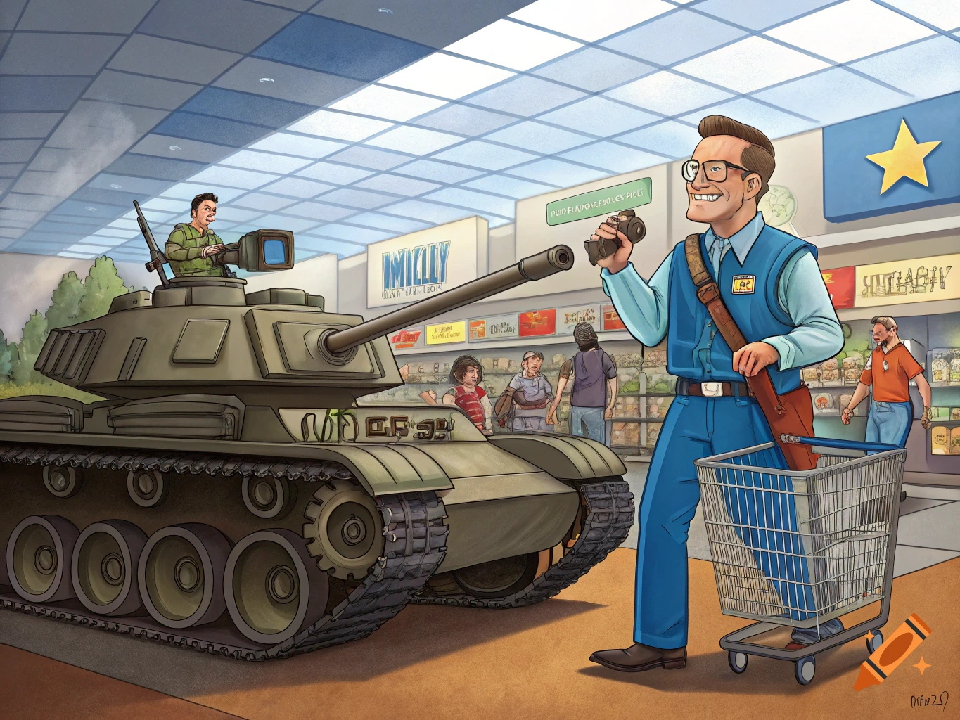 Illustrated scene of a tank inside a store with people, a man resembling Hank Hill stands with a shopping cart.