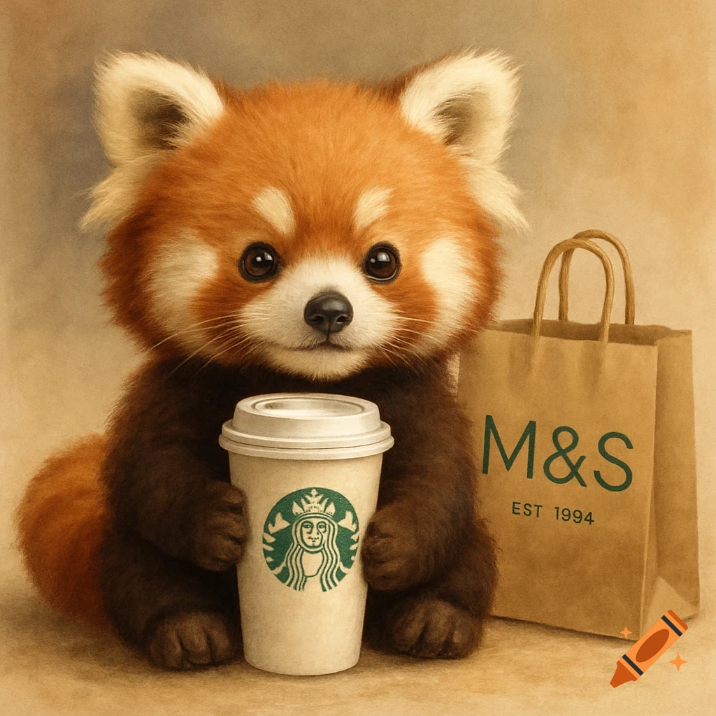 A cute red panda holds a Starbucks cup next to an M&S shopping bag.