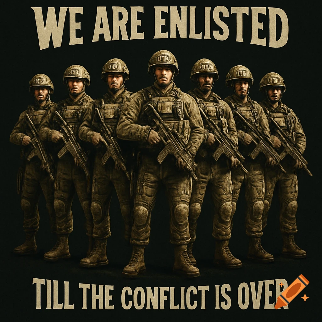 Group of seven soldiers in military gear standing side-by-side with text 'WE ARE ENLISTED TILL THE CONFLICT IS OVER'