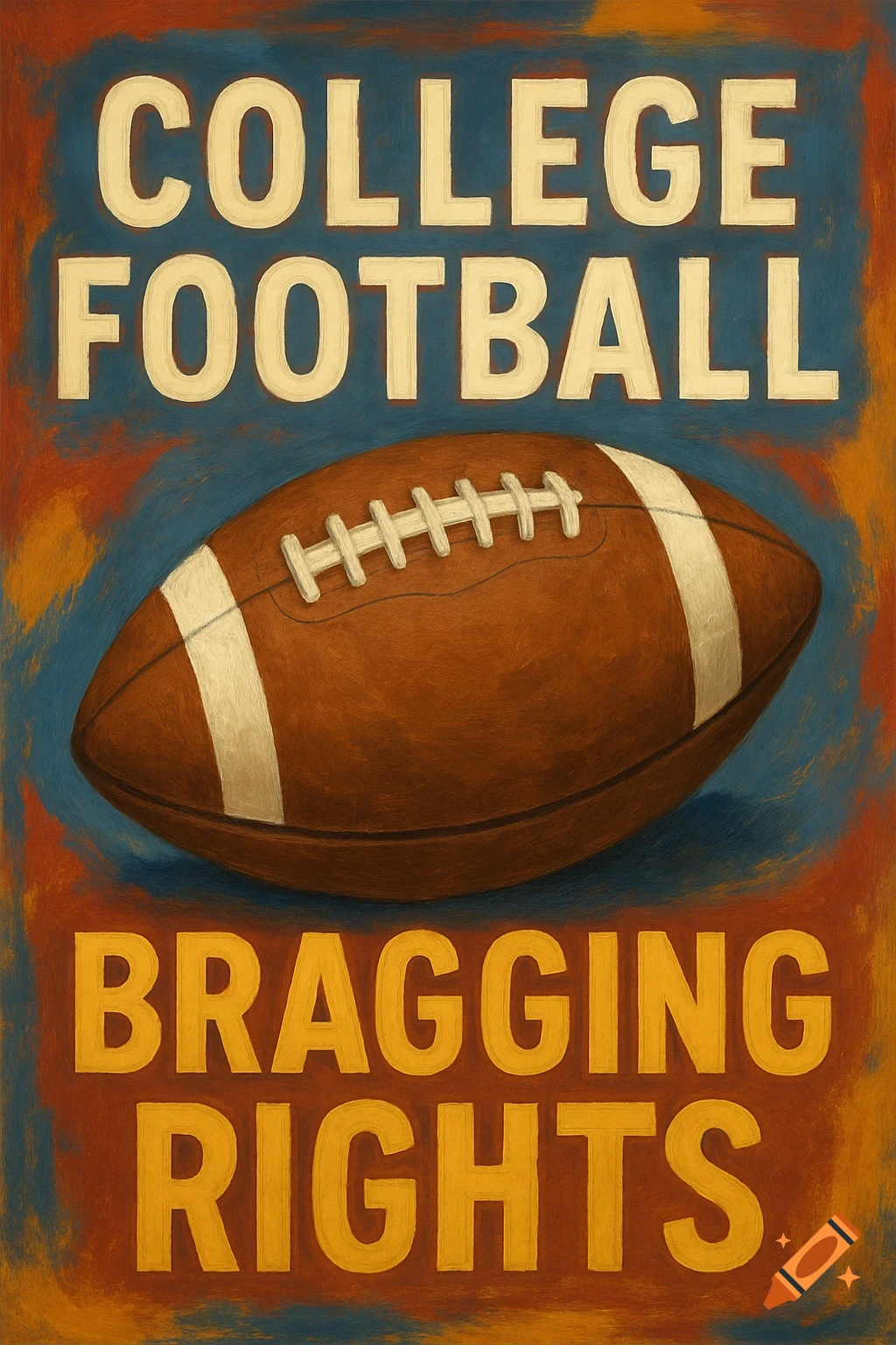 A vintage-style poster features a football with the words COLLEGE FOOTBALL above and BRAGGING RIGHTS below.