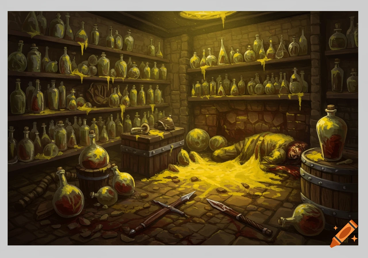 Fantasy illustration of a dead adventurer lying in a cellar among spilled potions and shelves filled with bottles.