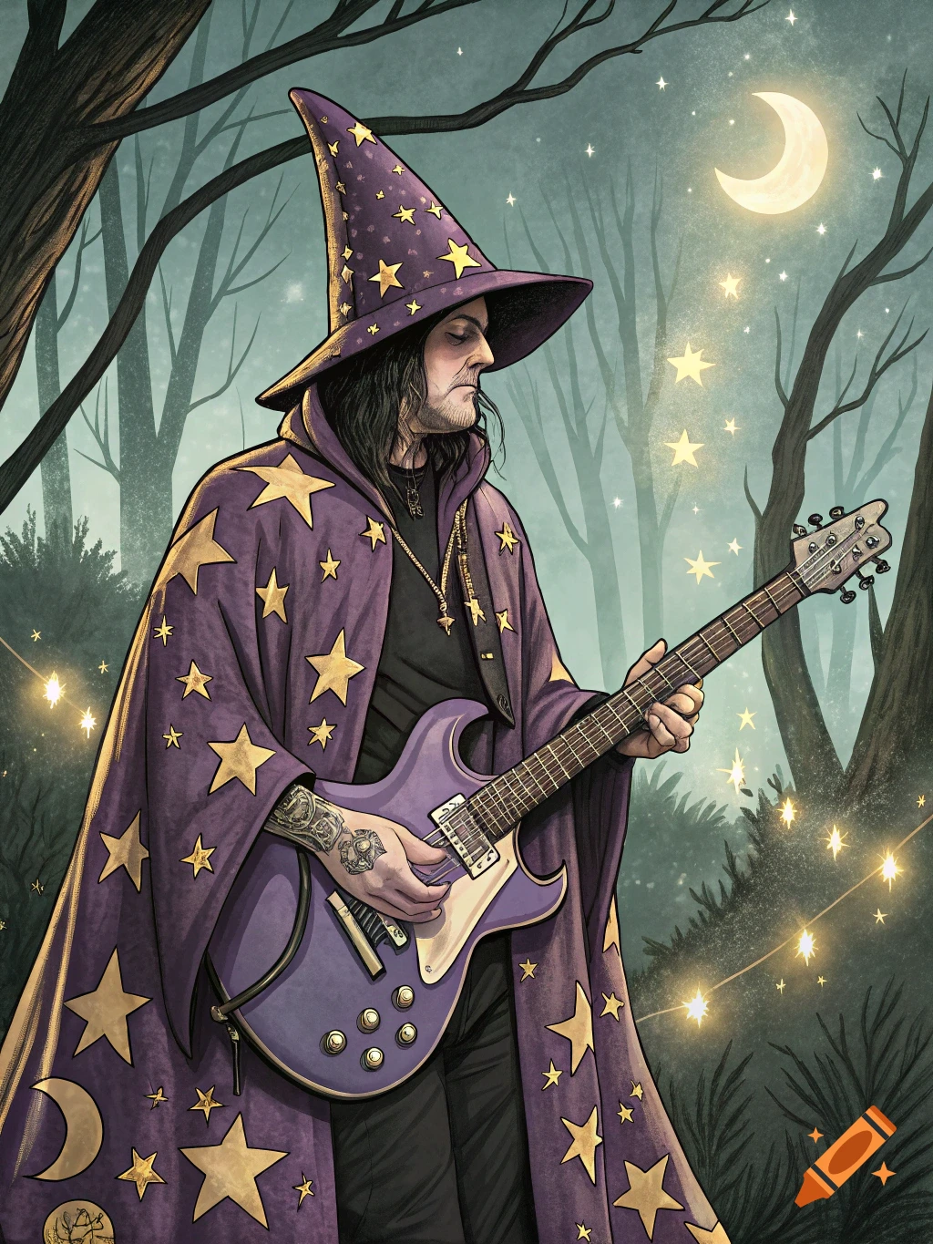 A wizard in a starry robe plays an electric guitar in a forest at night ...