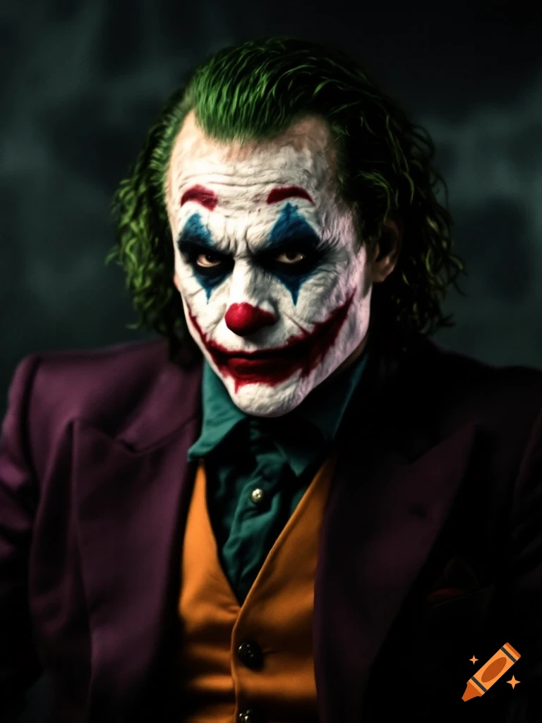 Close-up portrait of the Joker character with makeup, green hair, and suit.