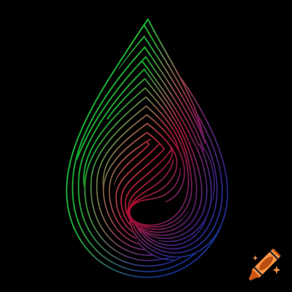 Abstract gradient lines form a colorful teardrop shape on a black background.