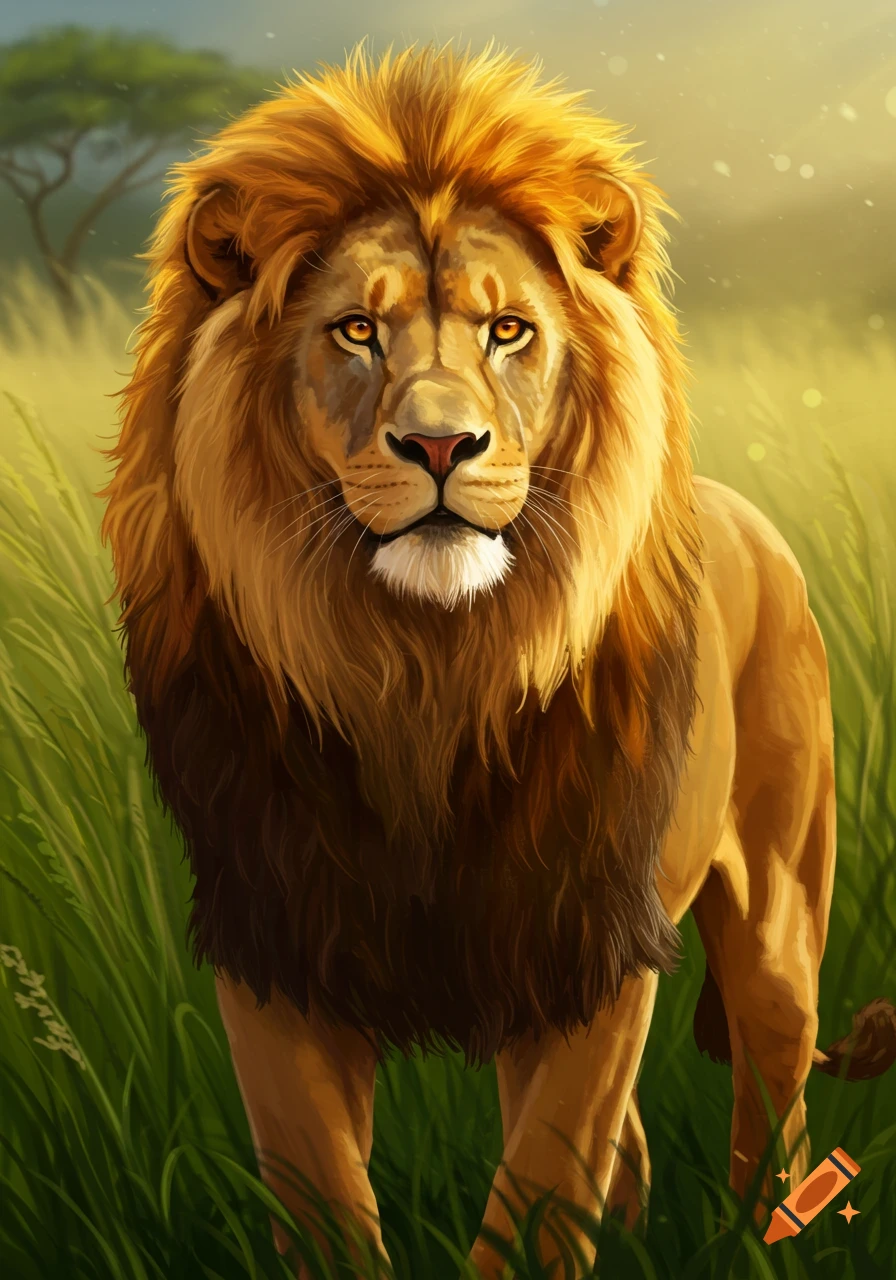 Digital painting of a majestic lion standing in tall grass.