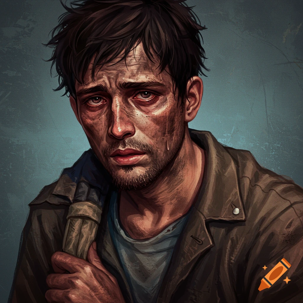 Close-up realistic portrait of a dirty, exhausted young man with tear tracks on his face.