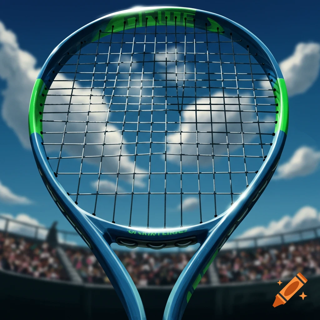 Close-up of a blue and green tennis racket against a blurry tennis court and cloudy blue sky.