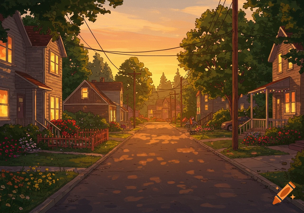 Stylized illustration of a quiet neighborhood street at sunset with golden light on houses, trees, and gardens.