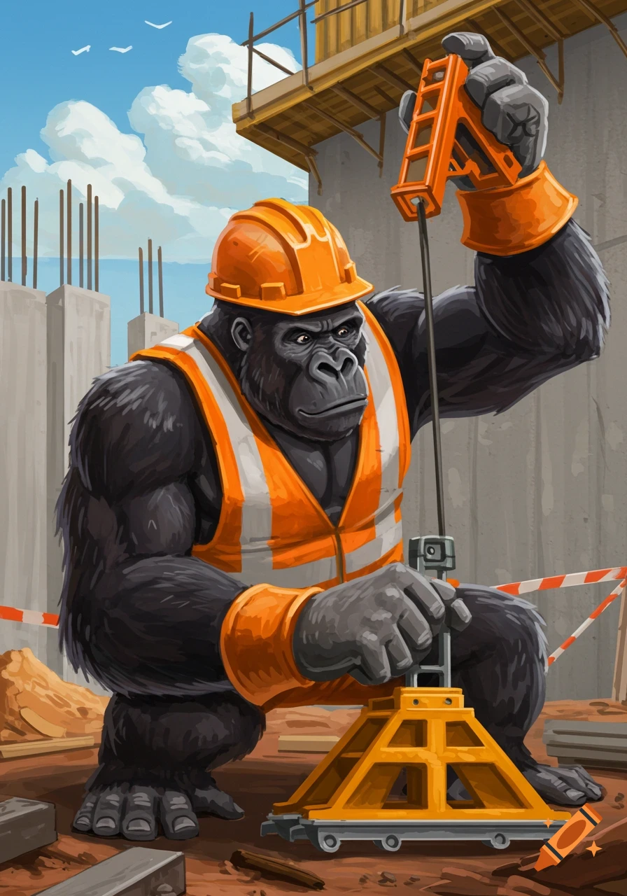 Illustrated gorilla in orange hard hat and safety vest working with tools at a construction site