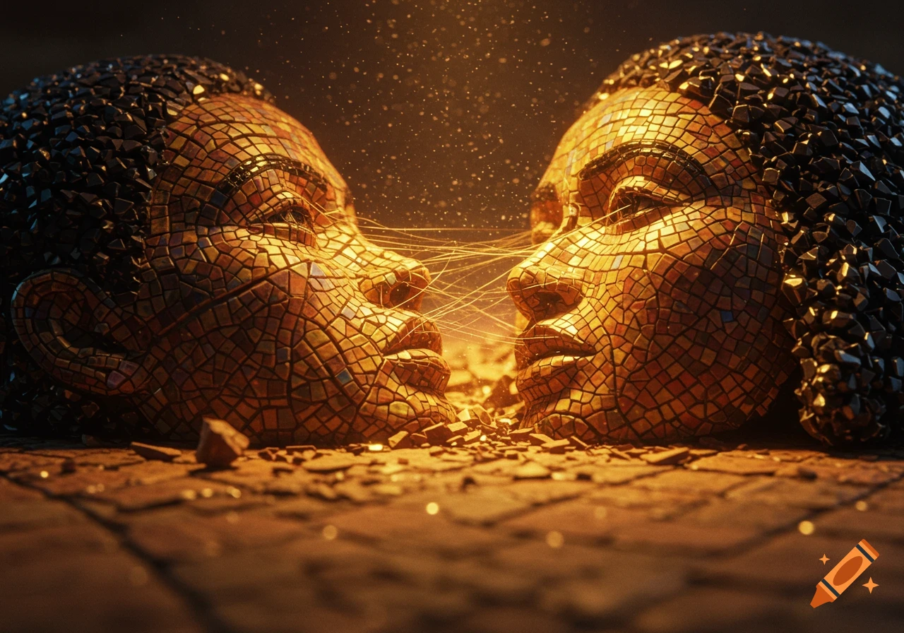 Extreme close-up of two shattered mosaic faces with threads connecting them, dramatic lighting.