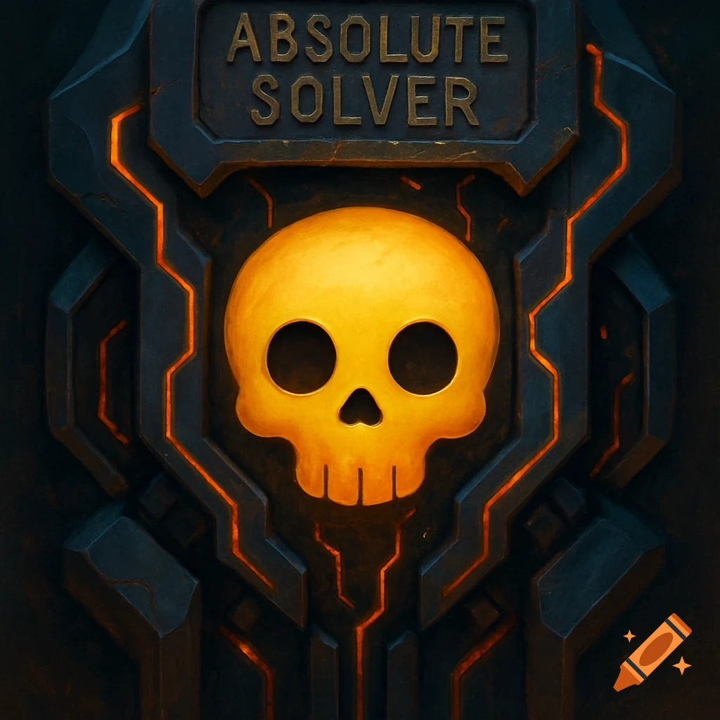 Yellow skull on dark sci-fi panel with 'ABSOLUTE SOLVER' text.