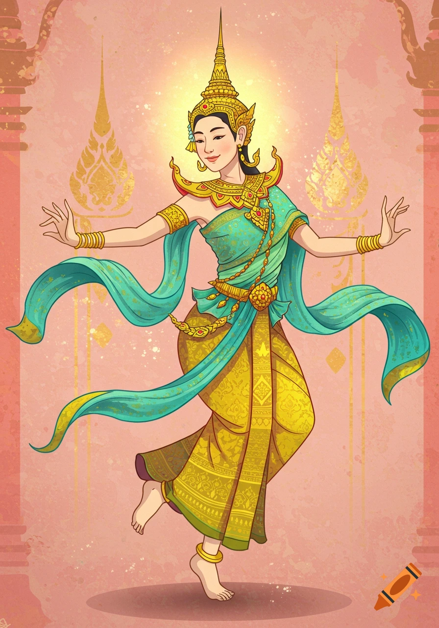 Illustration of a Thai Apsara dancer in traditional golden and green costume.
