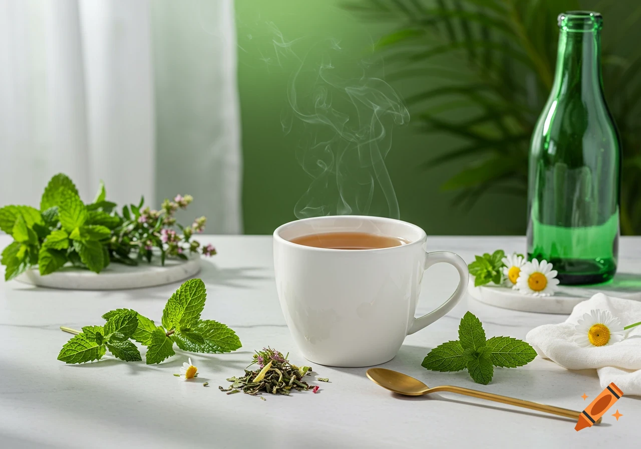 Steaming cup of herbal tea with mint, chamomile, and a spoon on a white table with a green background.