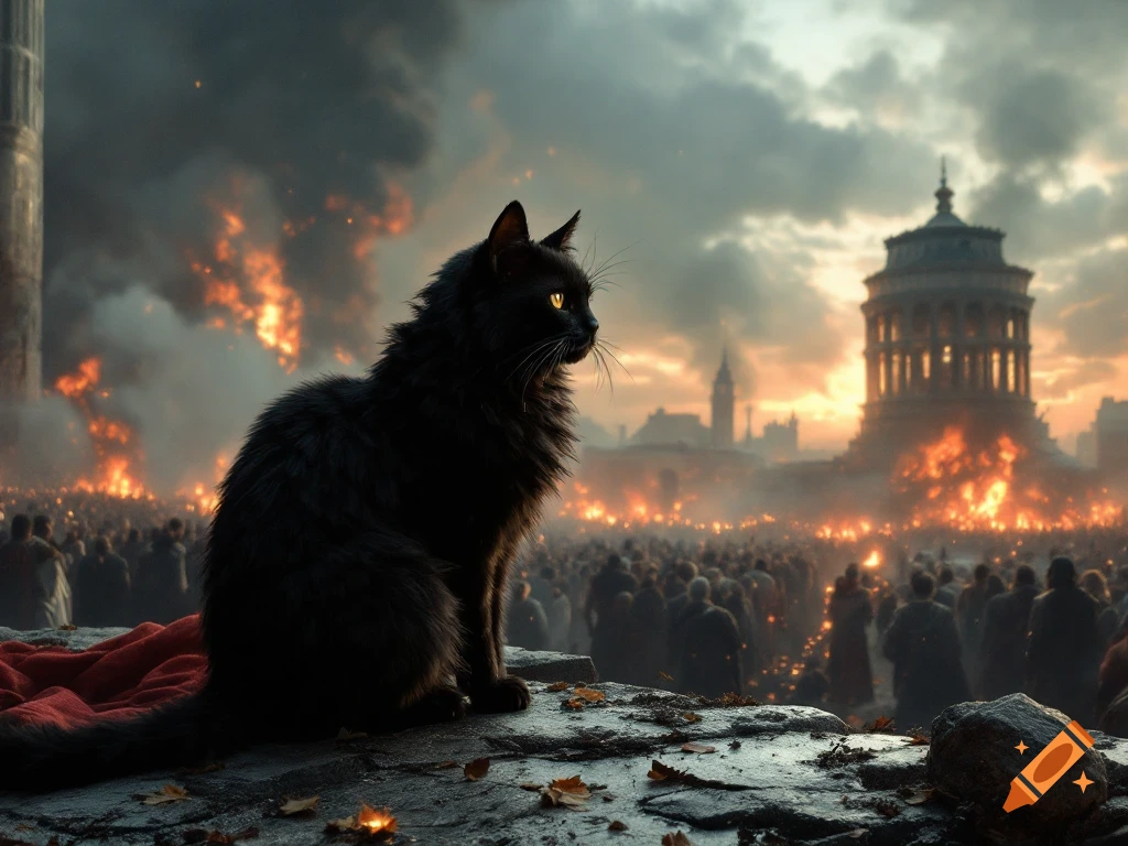 A black cat sits on a ledge watching a burning city with a large crowd below.