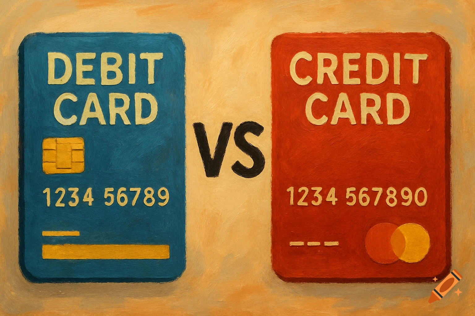 Textured illustration showing a blue debit card and a red credit card side-by-side with 'VS' in the middle.