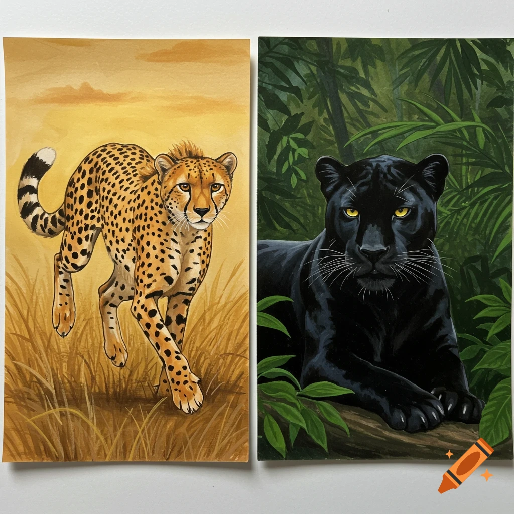 Illustration of a cheetah running on the left and a black panther lying down on the right, side-by-side.