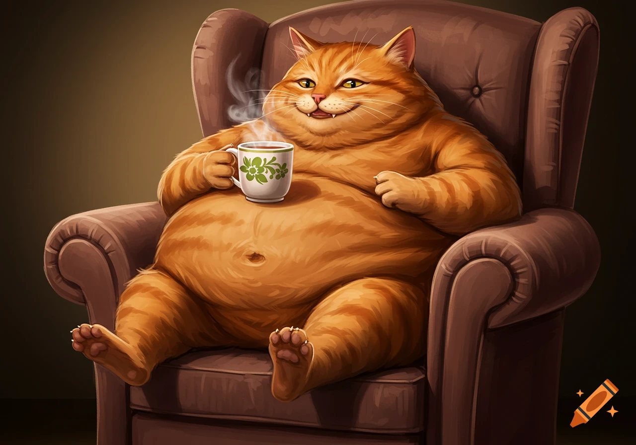 A fat orange cat sits comfortably in an armchair holding a steaming mug, illustrated style.