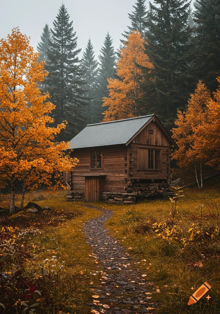 Log cabin on a path through an autumn forest with orange leaves.