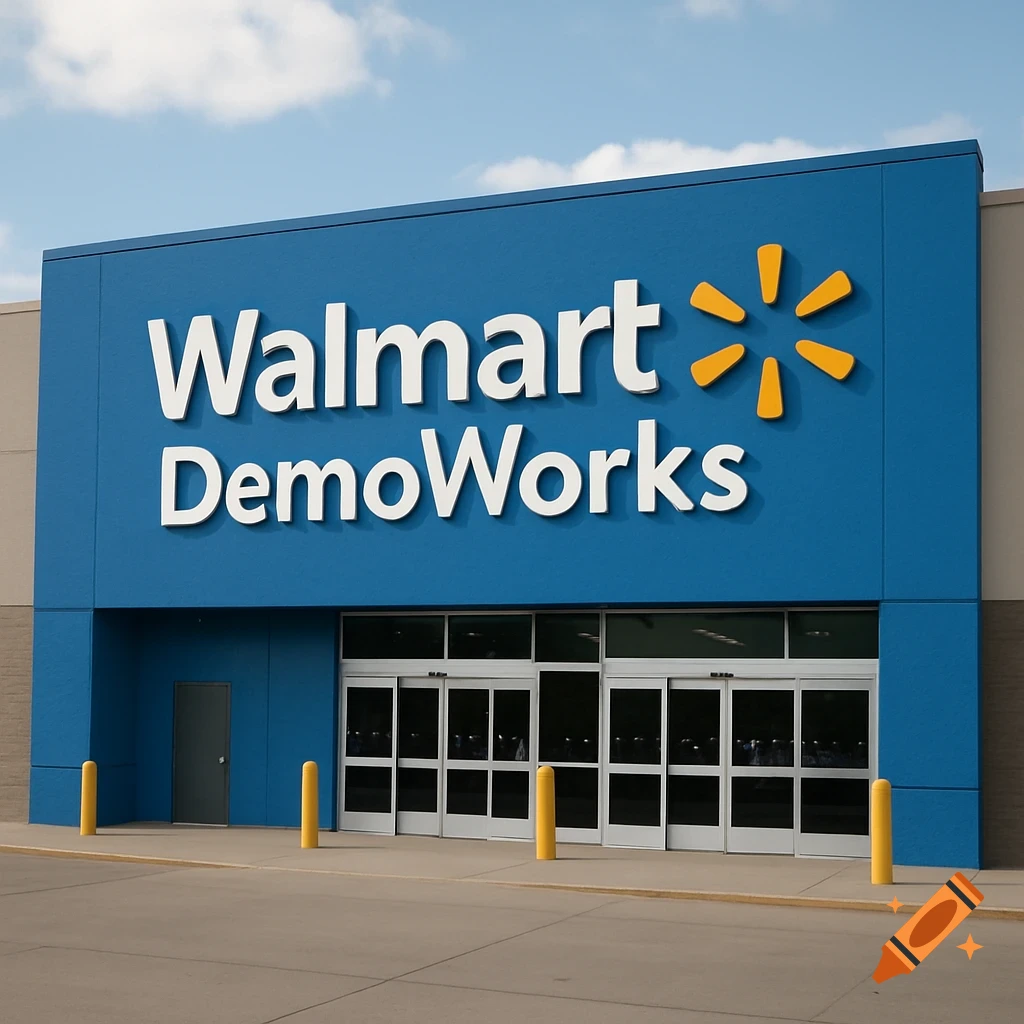 Photorealistic image of the front entrance of a blue Walmart building with "Walmart DemoWorks" text on the facade.