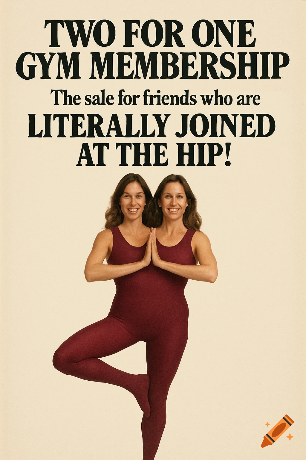 Poster for two for one gym membership featuring two women merged into one body doing a yoga pose.