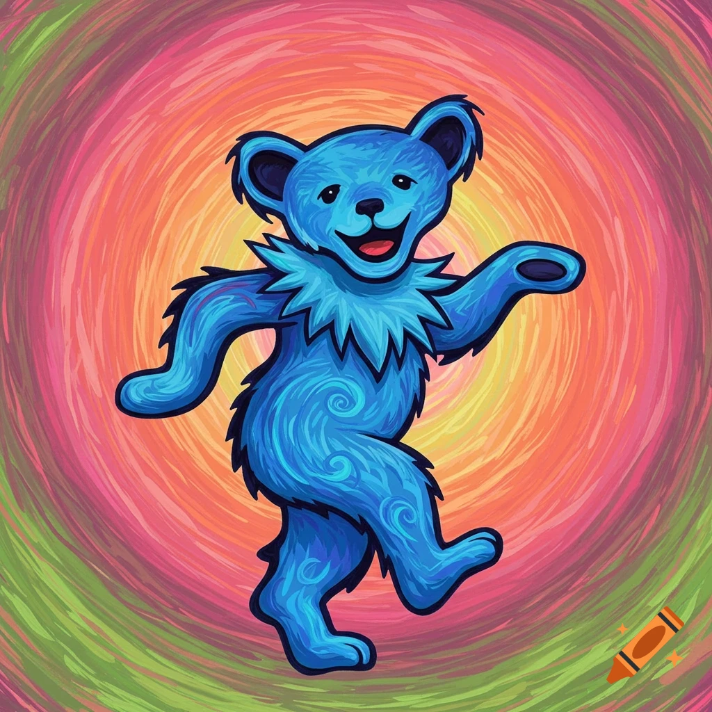 A blue dancing bear against a swirling colorful background.