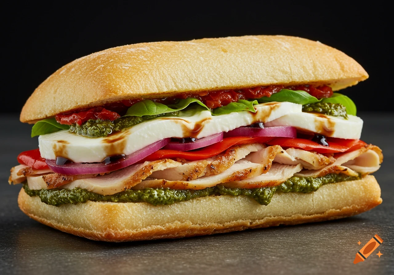 Close-up of a panini sandwich with chicken, mozzarella, pesto, red onion, and red peppers.