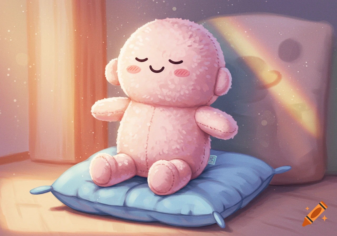 A pink fluffy plush toy sits on a blue pillow in a cozy room with warm light and a rainbow effect.