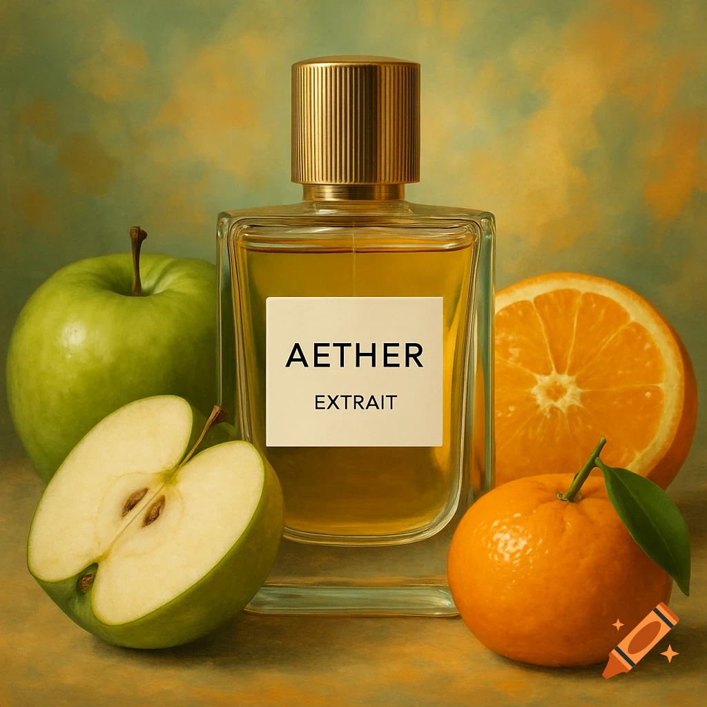 Still life of a perfume bottle labeled AETHER EXTRACT surrounded by a green apple, sliced apple, orange slice, and mandarin.