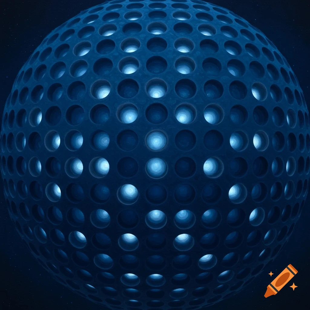 A deep blue sphere covered in many illuminated holes against a starry background.
