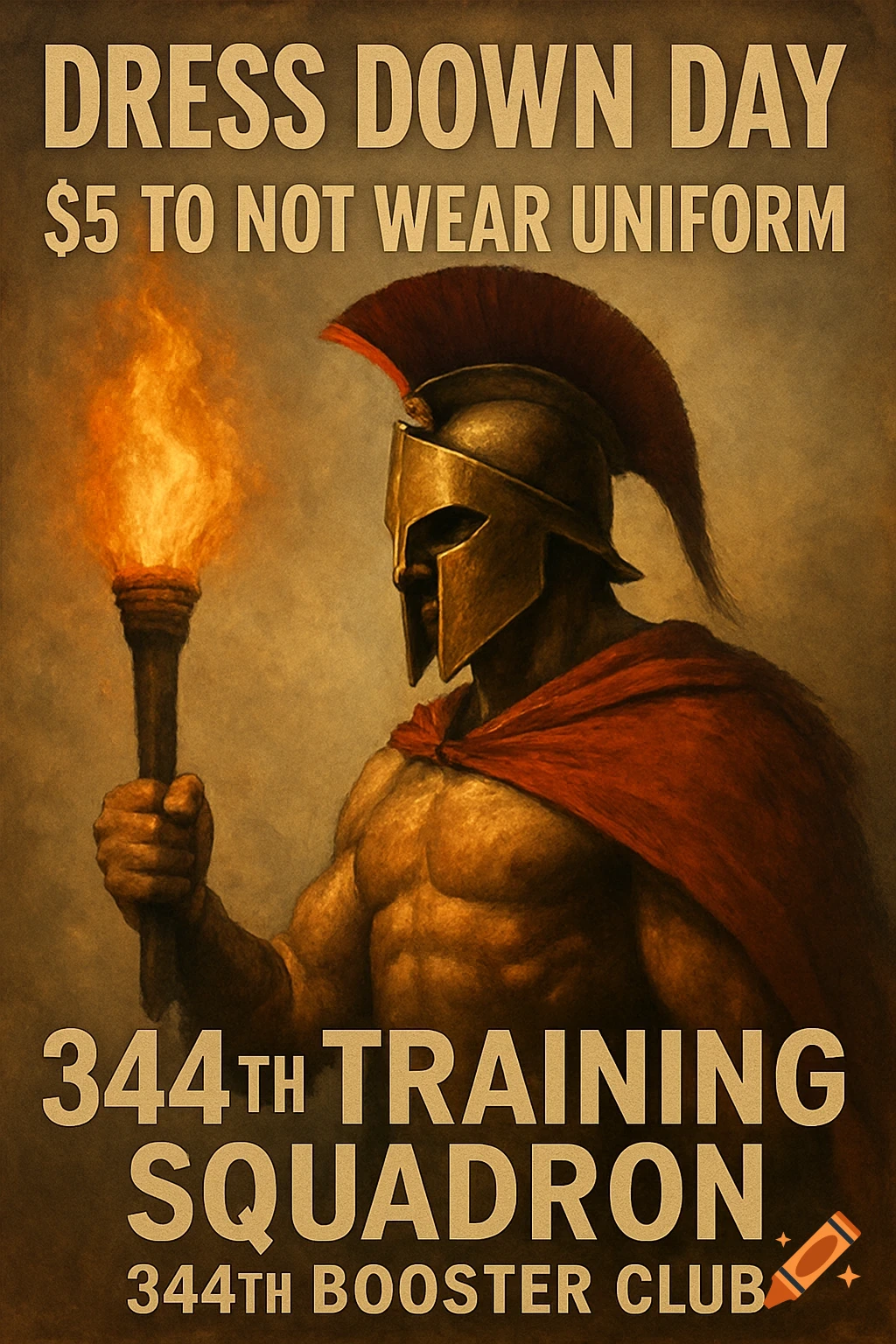 Vintage poster of a Spartan warrior holding a torch, advertising a 'Dress Down Day'.