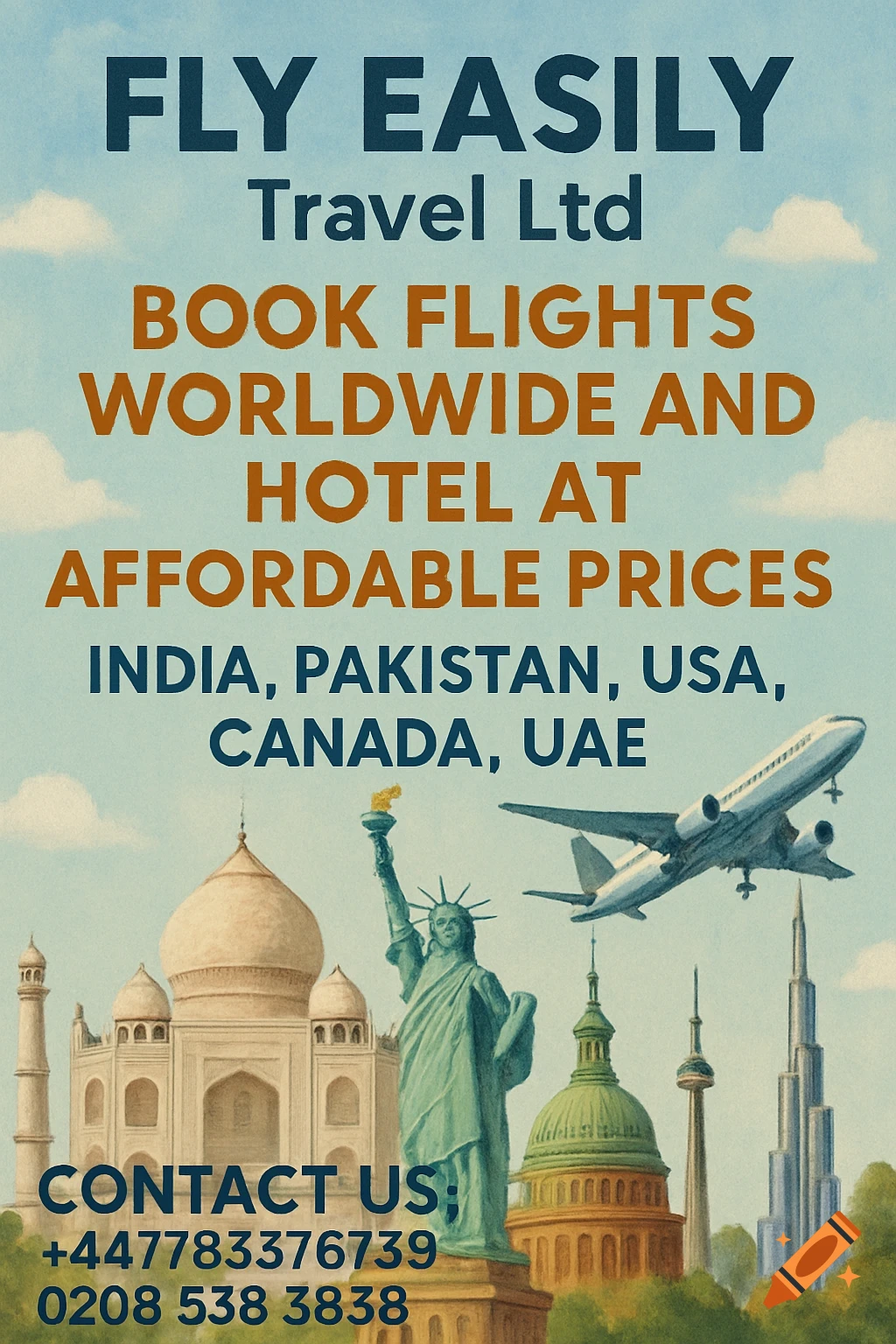 Travel flyer with world landmarks like Taj Mahal, Statue of Liberty, and Burj Khalifa, text advertising flights and hotels.