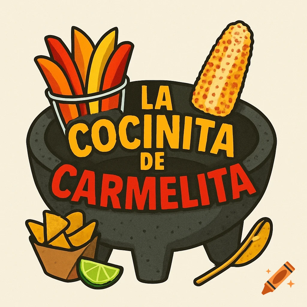Logo for 'La Cocinita de Carmelita' with a molcajete, fruit sticks, chips, corn on the cob, and lime.