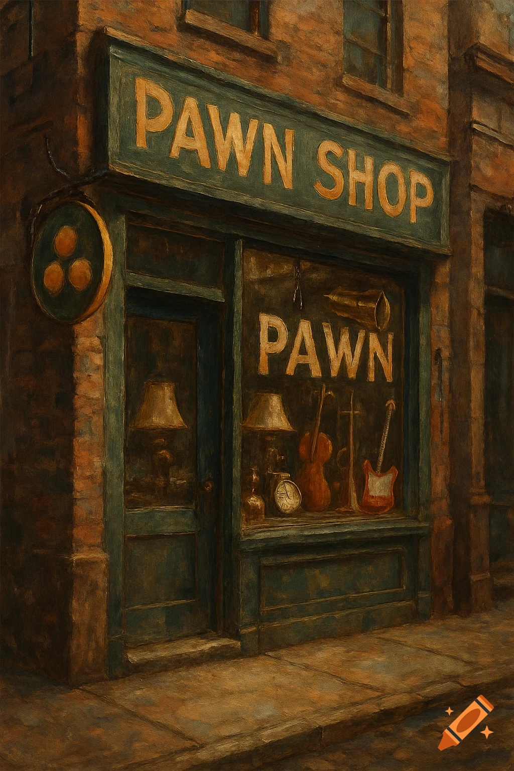A detailed painting of a pawn shop storefront with a sign and items in the window.