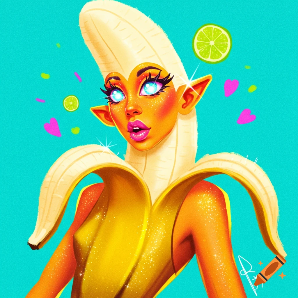 Stylized illustration of a person with elf ears and glowing eyes wearing a glittery banana costume.
