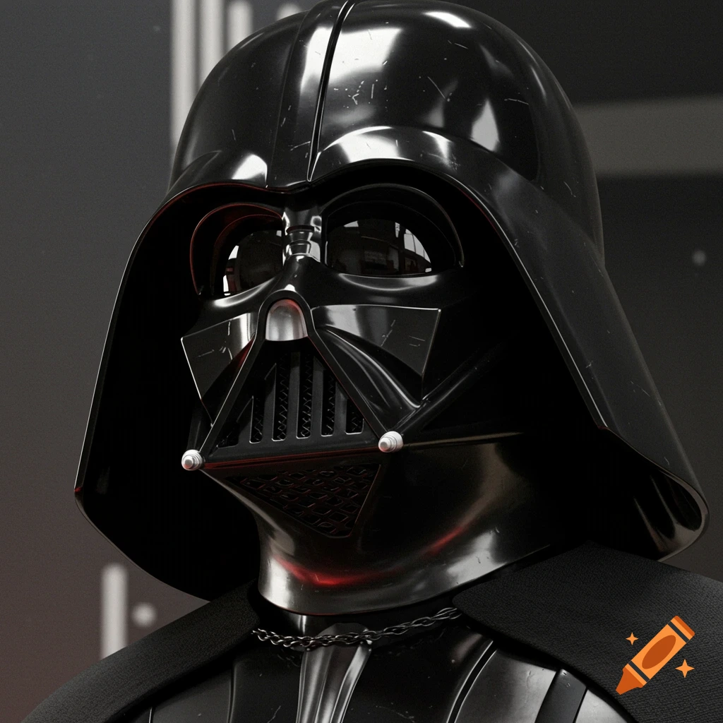 A close-up, photorealistic view of Darth Vader's black helmet and cape.